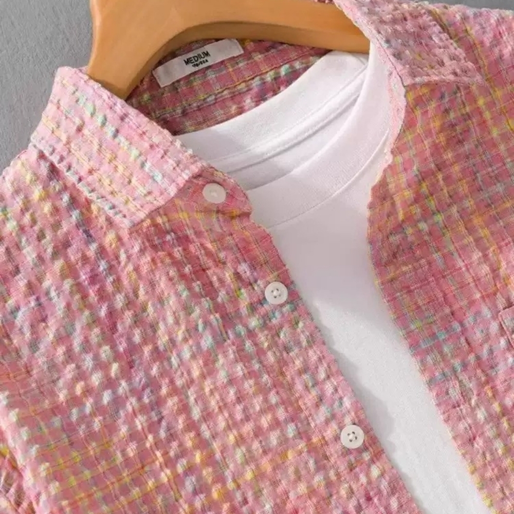 Bubble Texture Pink Plaid Shirt - Picture 4 of 4
